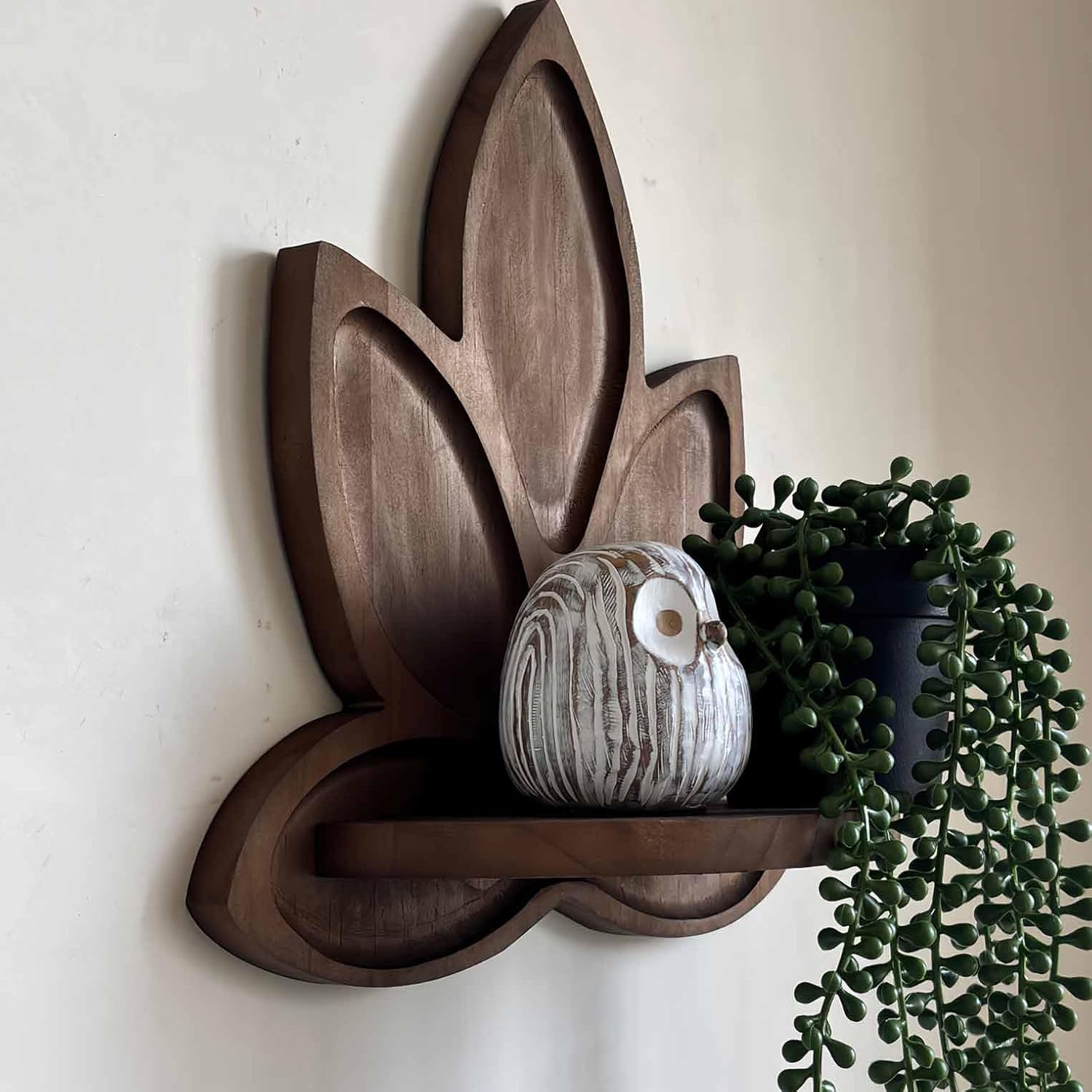 Small Carved Lotus Flower Wooden Floating Wall Shelf / Walnut