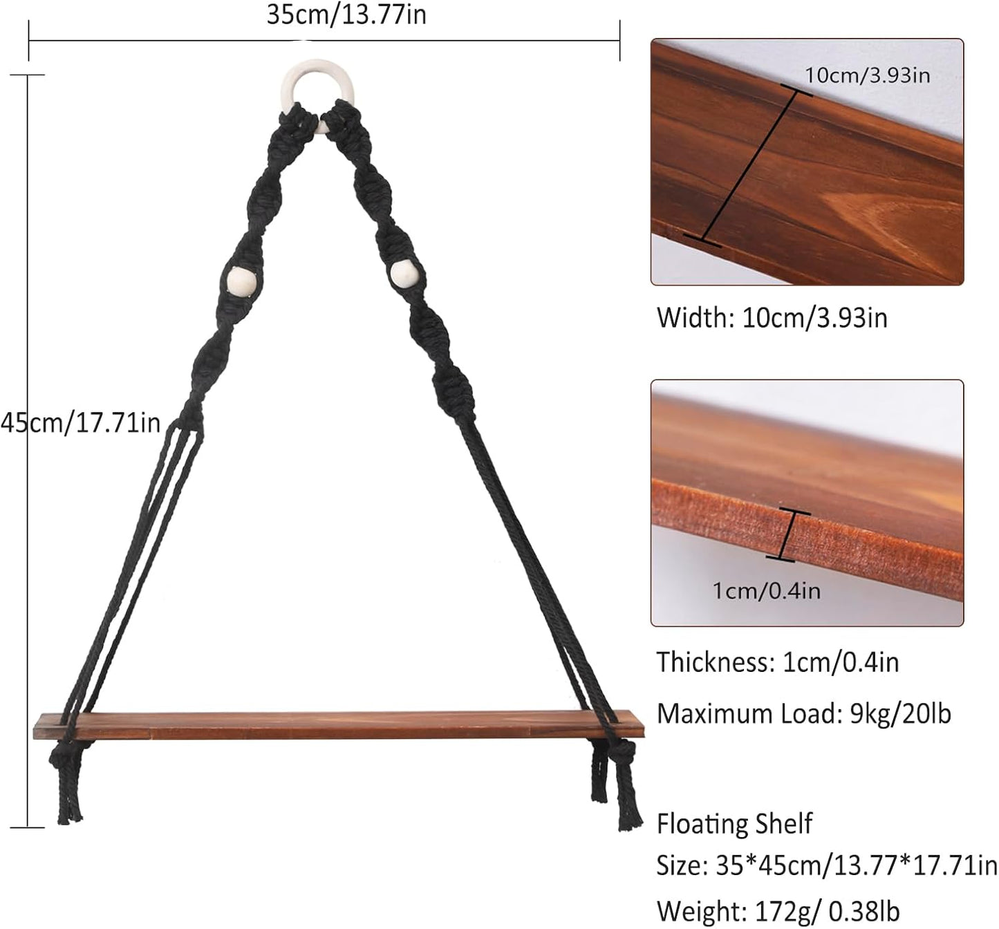 Boho Wooden Wall Shelves Hanging Decor / Black