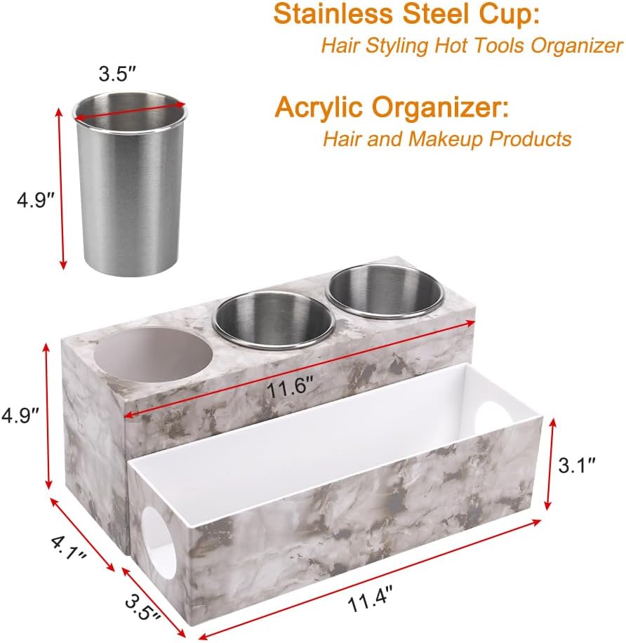 GFWARE Hot Hair Styling Tool Organizer with 3 Stainless Steel Cups, Marble | Hair Accessories Bathroom Vanity Storage