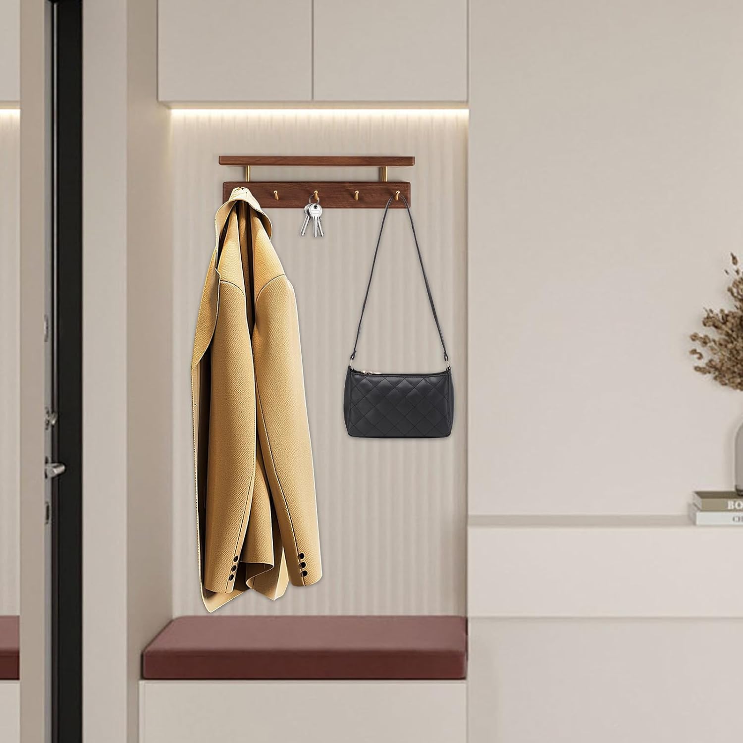 Solid Wood Shelf with Hooks, 15 inch Coat Rack Wall Mount, Shelves with 5 Brass Hooks for Hanging in Entryway, Living