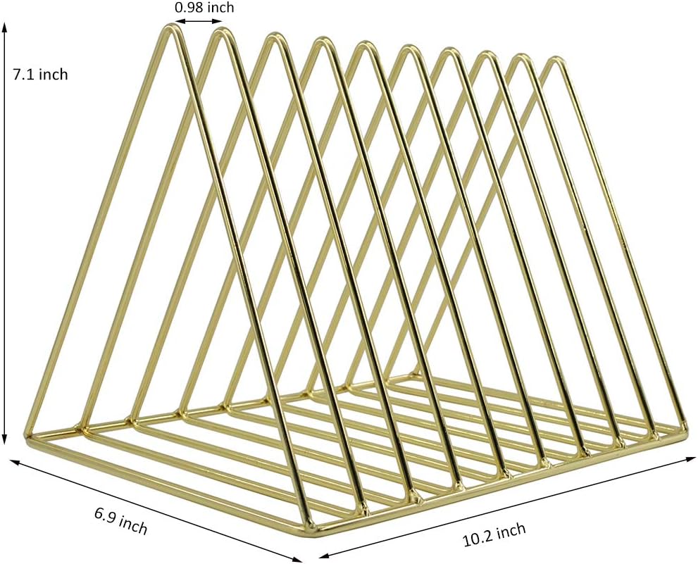 Gold File Holder Organizer, Triangle Record Album Holder Magazine Wire Rack, 9 Slot Multifunction Desktop Storage Decor