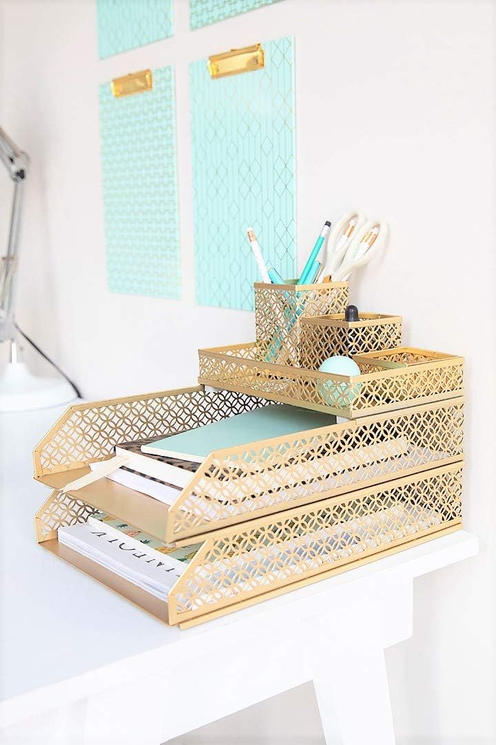 BLU MONACO | Gold Desk Organizer Set for Women 6 Piece | Mail Sorter Organizer Countertop with Letter Sorter for Desk