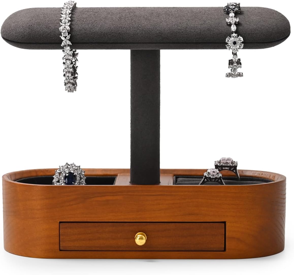 Oirlv Solid Wood Watch Stand with Drawer T-bar Watch Holder Organizer for Men and Women Showcase Bracelet Bangle