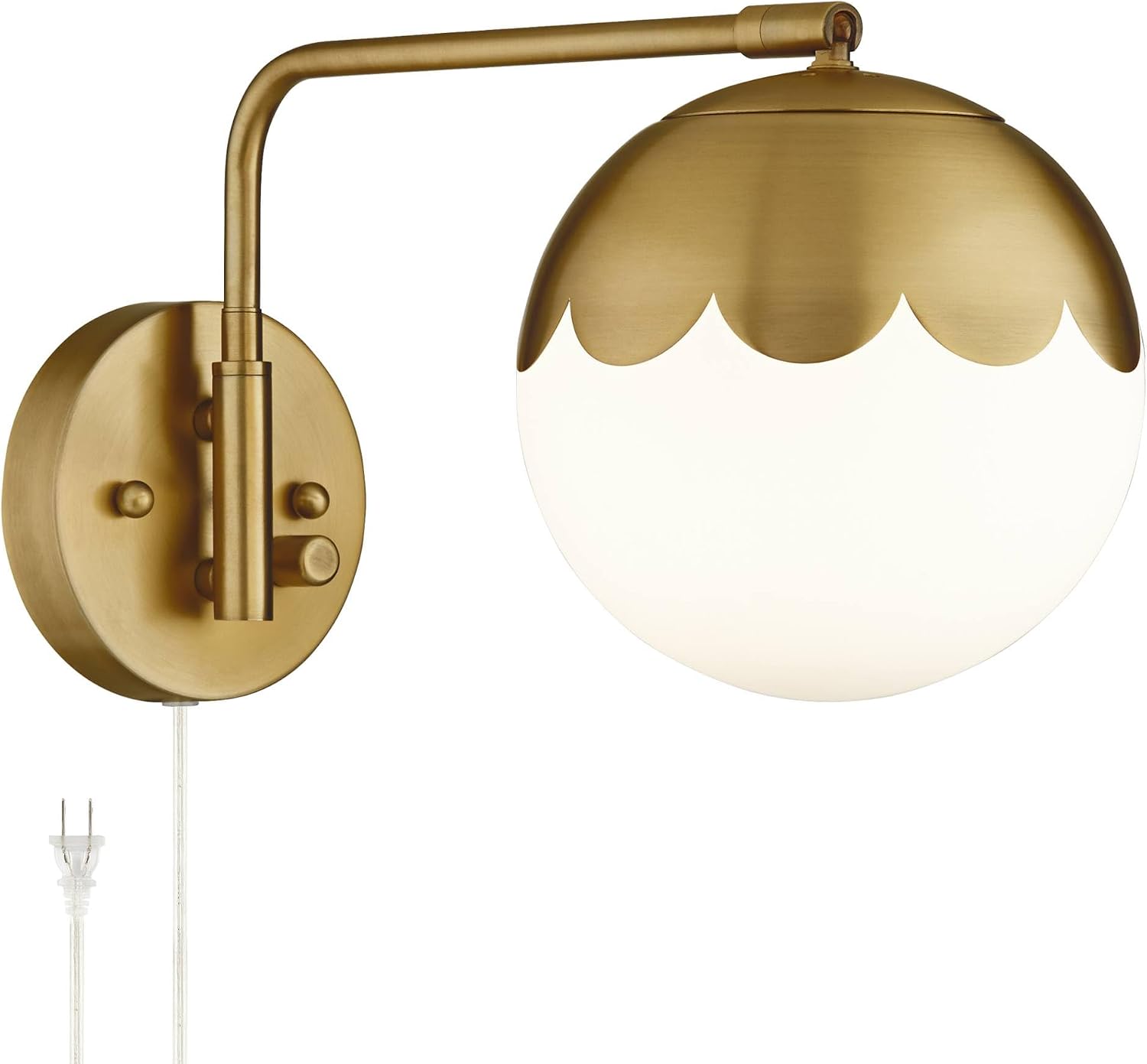 Camila 8 1/4" Brass and Glass Globe Plug-In Modern Wall Lamp Light Fixture | Indoor Swing Arm Antique Metal Dimmable