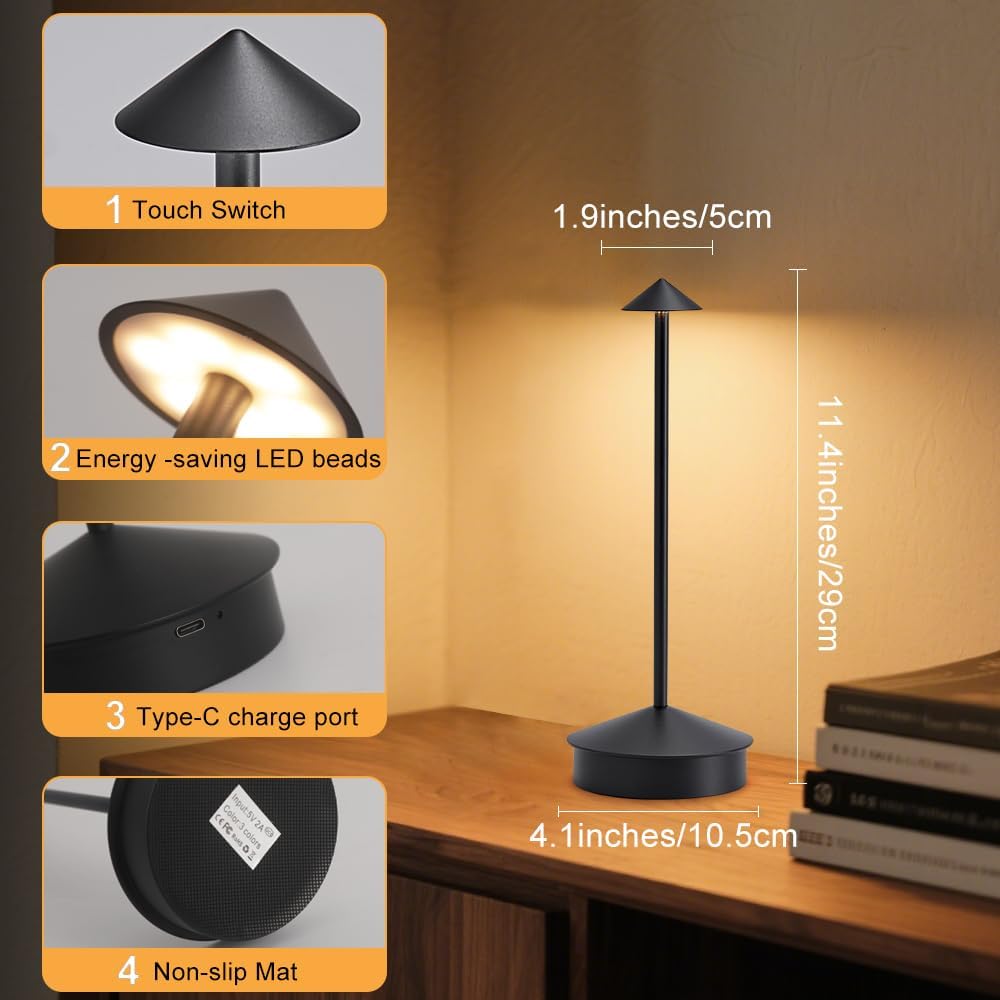 2 Pack Aluminum Cordless Table Lamp, 6000mAh Rechargeable Table Lamps, Portable Touch LED Lamp, Outdoor Waterproof