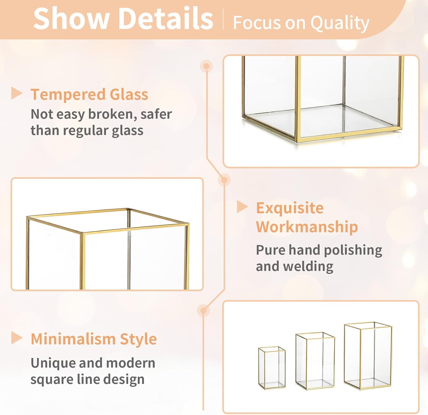 NUPTIO Hurricane Candle Holder Centerpieces: 6 Pcs Glass Candles Lantern | Gold Lantern with Metal Frame Modern Pillar
