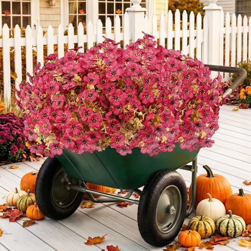 13 Bundles Artificial Fall Flowers Fake Mums for Outdoor(Dark Red)