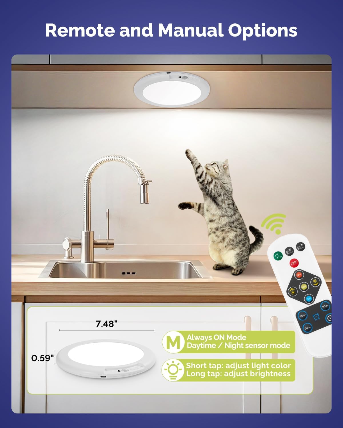 Waterproof Shower Light Battery Operated Ceiling Light with Remote | 7.48" Rechargeable Wireless Motion Sensor Stick On