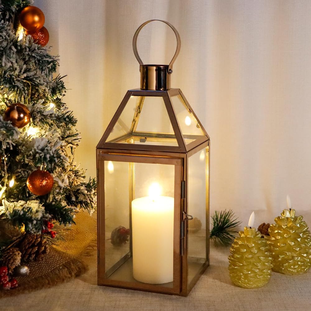 JHY Design Rose Gold Decorative Lanterns 16 inch High Stainless Steel Candle Lanterns with Tempered Glass for Indoor