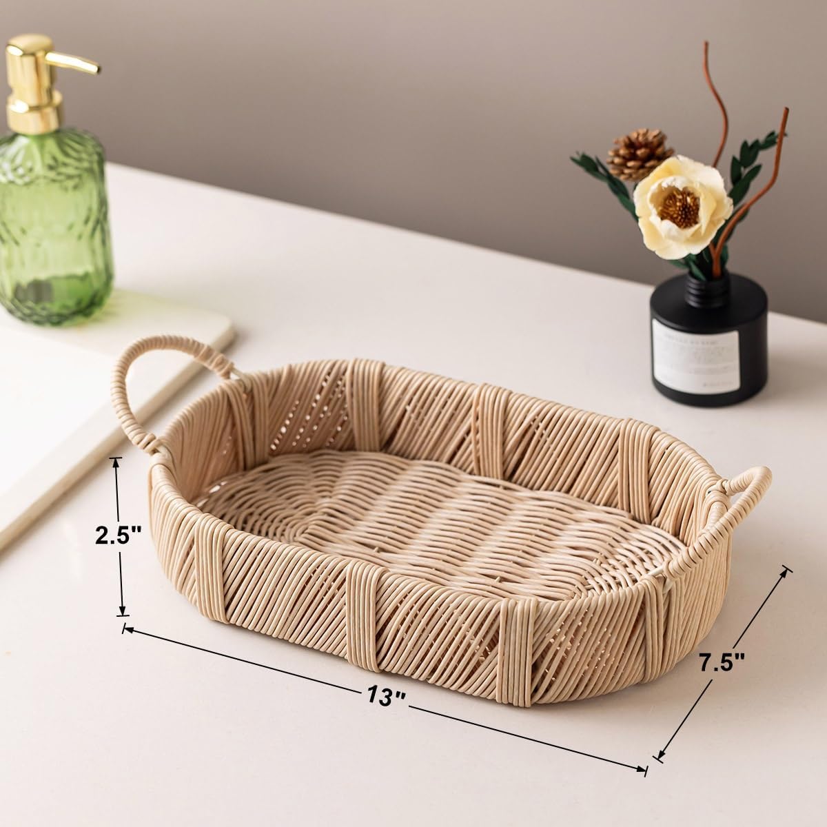 Hand-Woven Rattan-Style Storage Basket / Beige