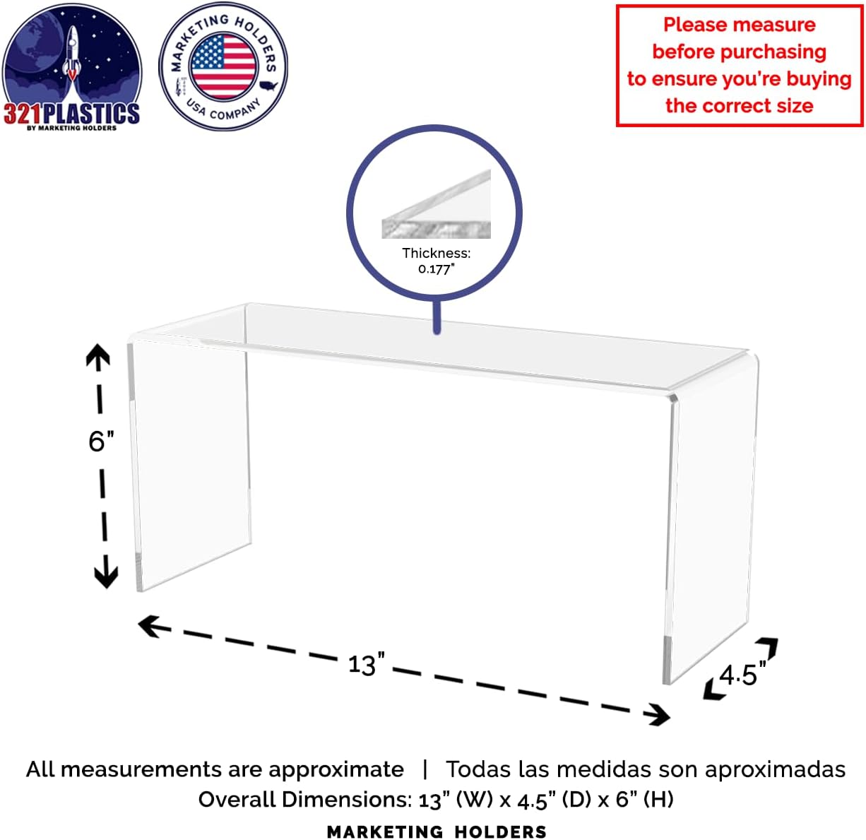 Marketing Holders 8 Pack Clear Acrylic Riser 13 Inch Wide by 4.5 Inch Deep Fixture Retail Jewelry Stores One Piece
