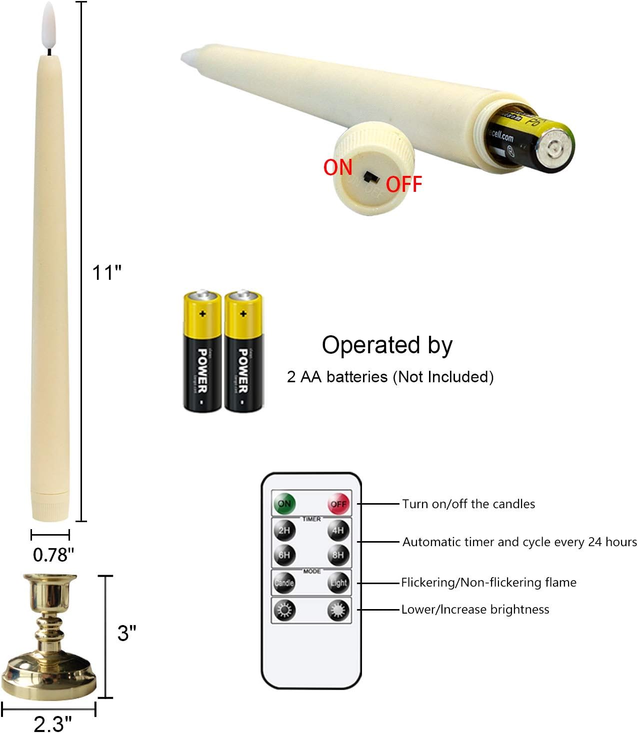 Flameless Window Taper Candles Battery Operated with Remote Timer | 3D Wick Flickering Ivory LED Candlesticks, Gold