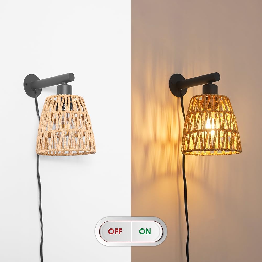 Boho Plug in Wall Sconce Set of 2 – Black Farmhouse Wall Lights with Rattan Shade | Bedroom & Living Room Plug in Wall