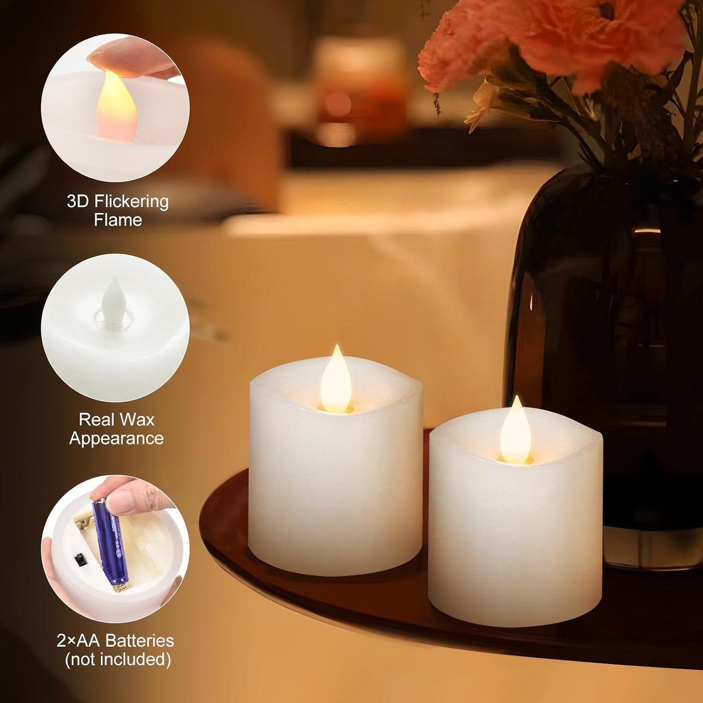 3x3 Flameless Candles Battery Operated with Remote Timer, Last 600 Hours Battery Candles Flickering, White Real Wax