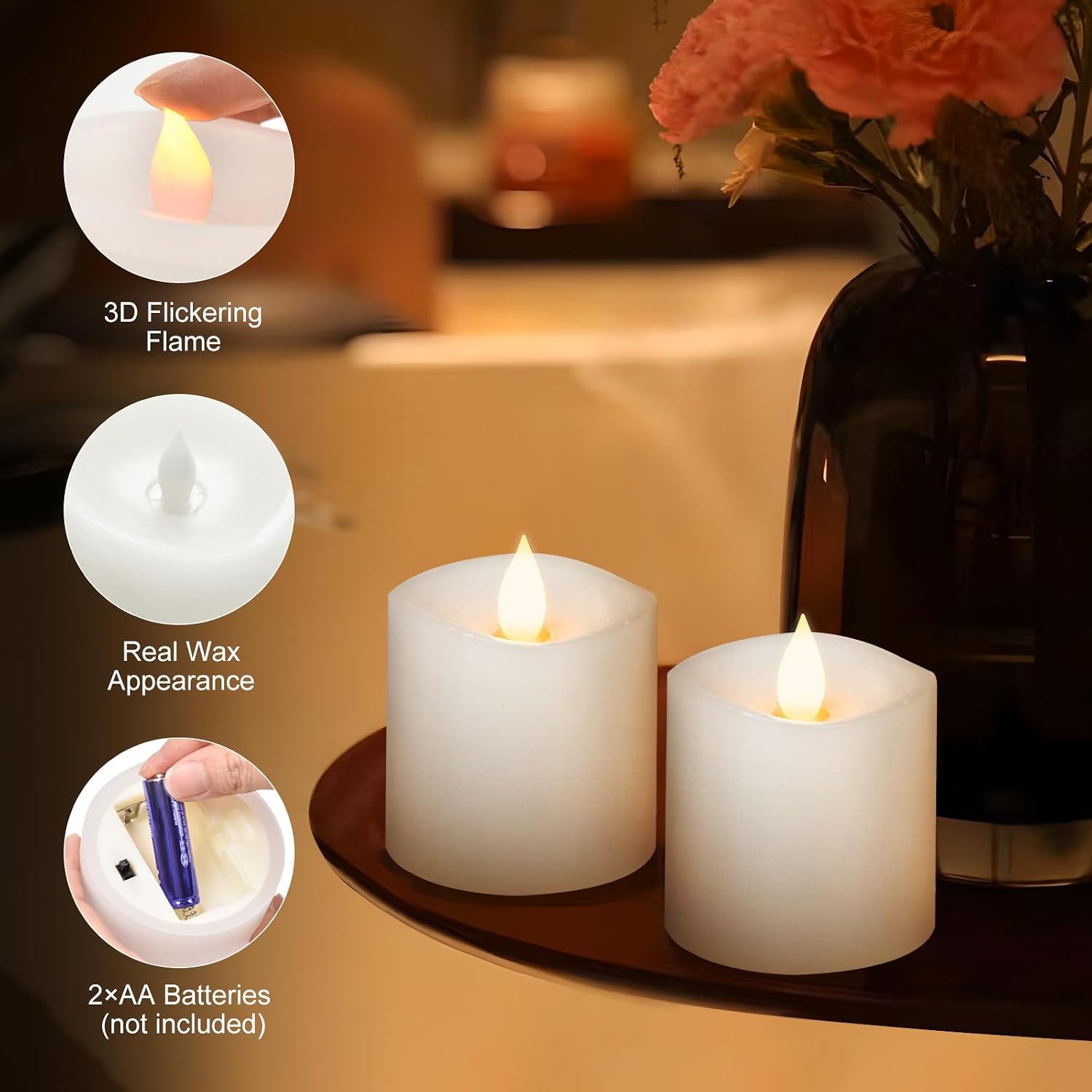 3x3 Flameless Candles Battery Operated with Remote Timer, Last 600 Hours Battery Candles Flickering, White Real Wax