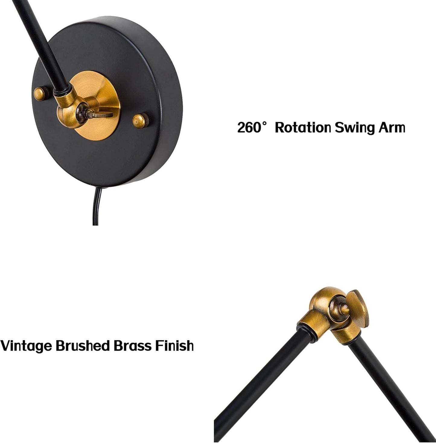 Black Wall Sconces Lighting, 2 Pack Modern Industrial Swing Arm Plug in or Hardwired Adjustable Wall Lamp with Antique