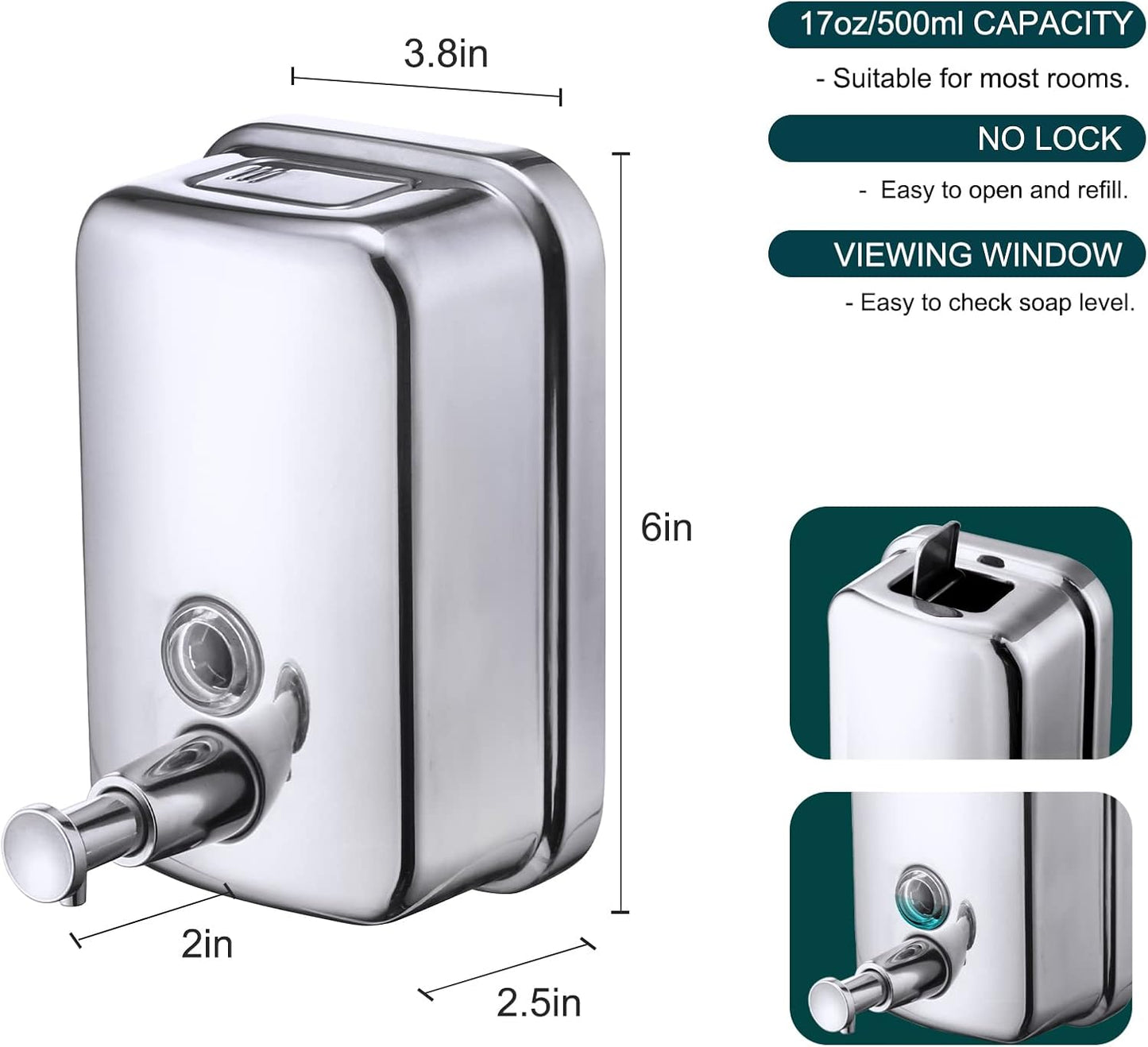 Commercial Soap Dispenser Wall Mount Stainless Steel, 17 fl.oz. | 500ml Manual Liquid Pump Rust-Proof Leak Free for