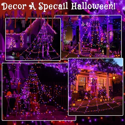 Ollny Halloween Lights Outdoor 266 LEDs Spider Web Lights Orange & Purple