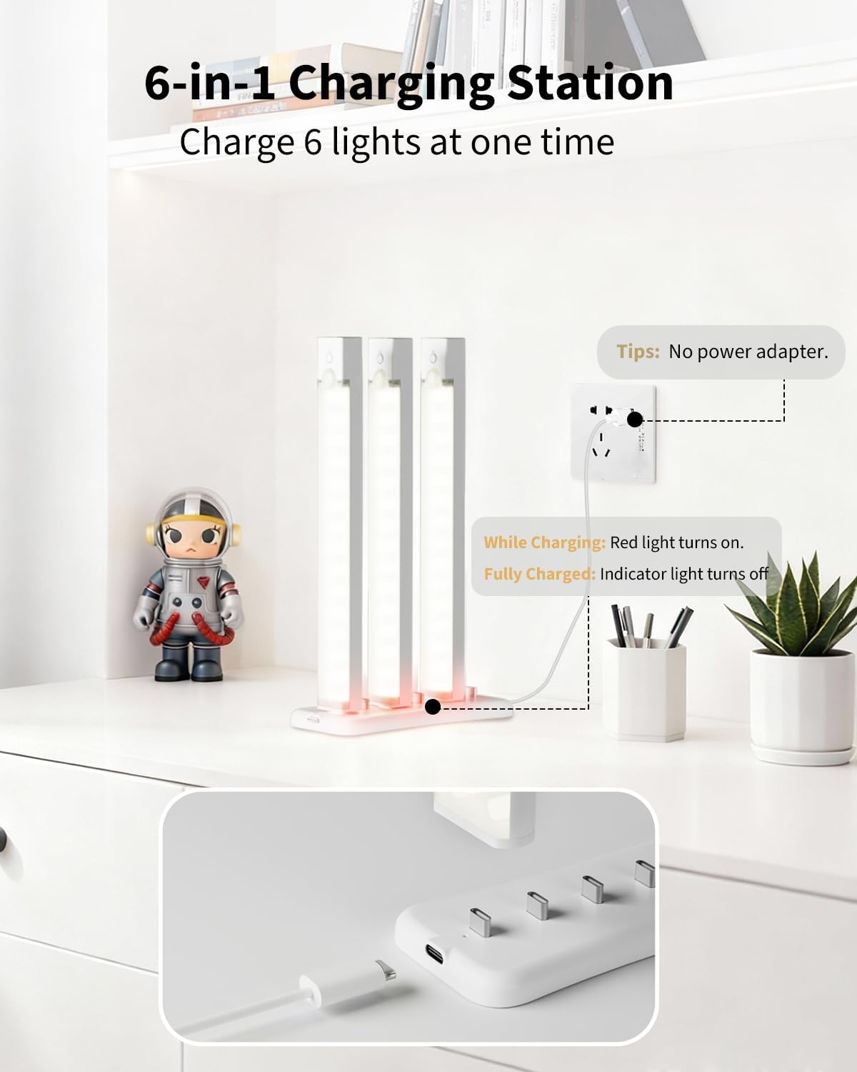 8Inch Under Cabinet Lighting Rechargeable with Charge Station, 6Pack | Motion Sensor Light Indoor 3 Color Dimmable
