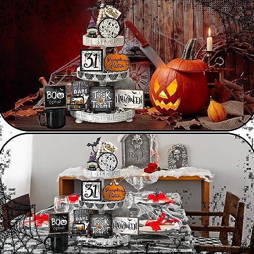 FairySandy 14 Pcs Halloween Tiered Tray Decor Set, Ghost Wood Table Signs