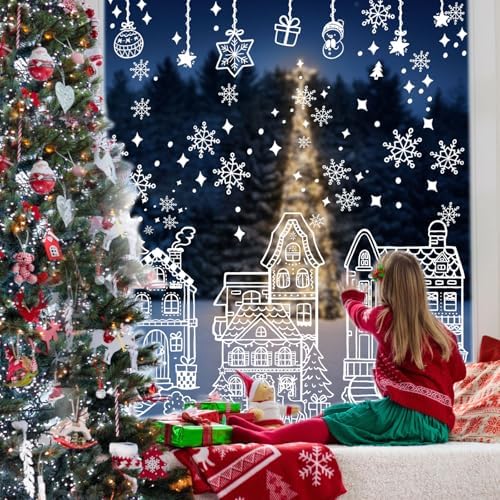AhfuLife Large Christmas Window Clings Decorations, 27 x 15 in, 4 Sheets Double Side Xmas Snowflake White House Window Decals Stickers for Home Party Indoor Shop Decorations