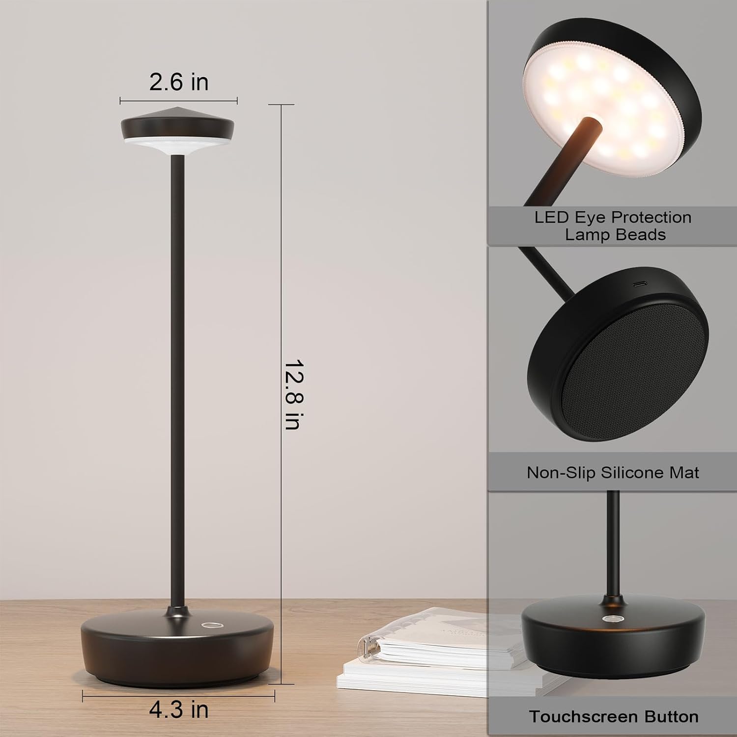 Cordless LED Portable Table Lamp,5000mAh Rechargeable Battery | Touch Control 3-Level Brightness with Memory Function