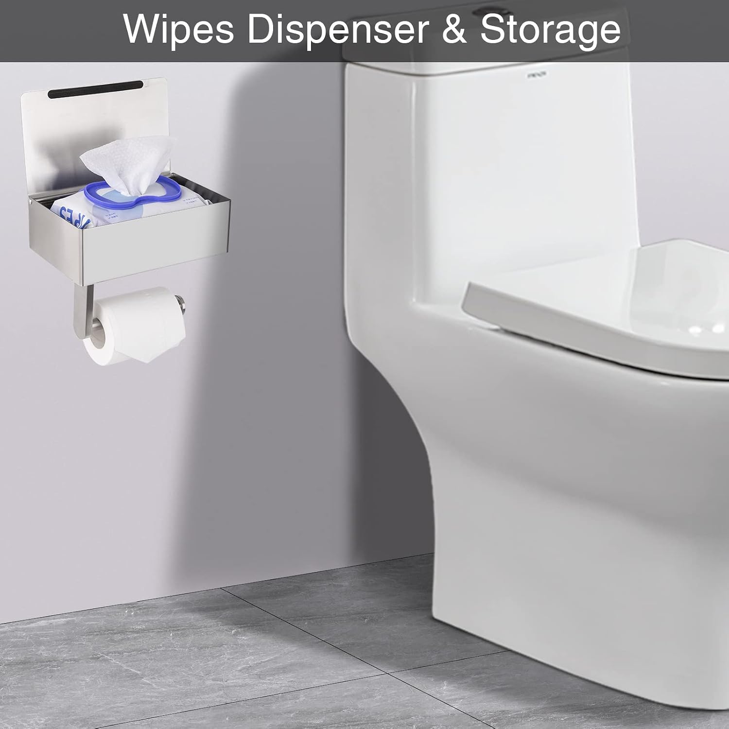 Adhesive Toilet Paper Holder with Shelf and Storage, Wall Mount Toilet Paper Roll Holder & Flushable Wipes Dispenser