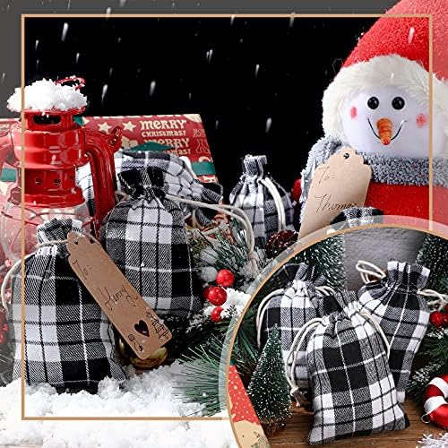 Shappy 24 Pcs Christmas Drawstring Gift Bags Xmas Buffalo Plaid Burlap Advent Bags 5.5 x 4 Inches Linen Treat Candy Bag with 32.8 ft Rope 24 Card(Black White)