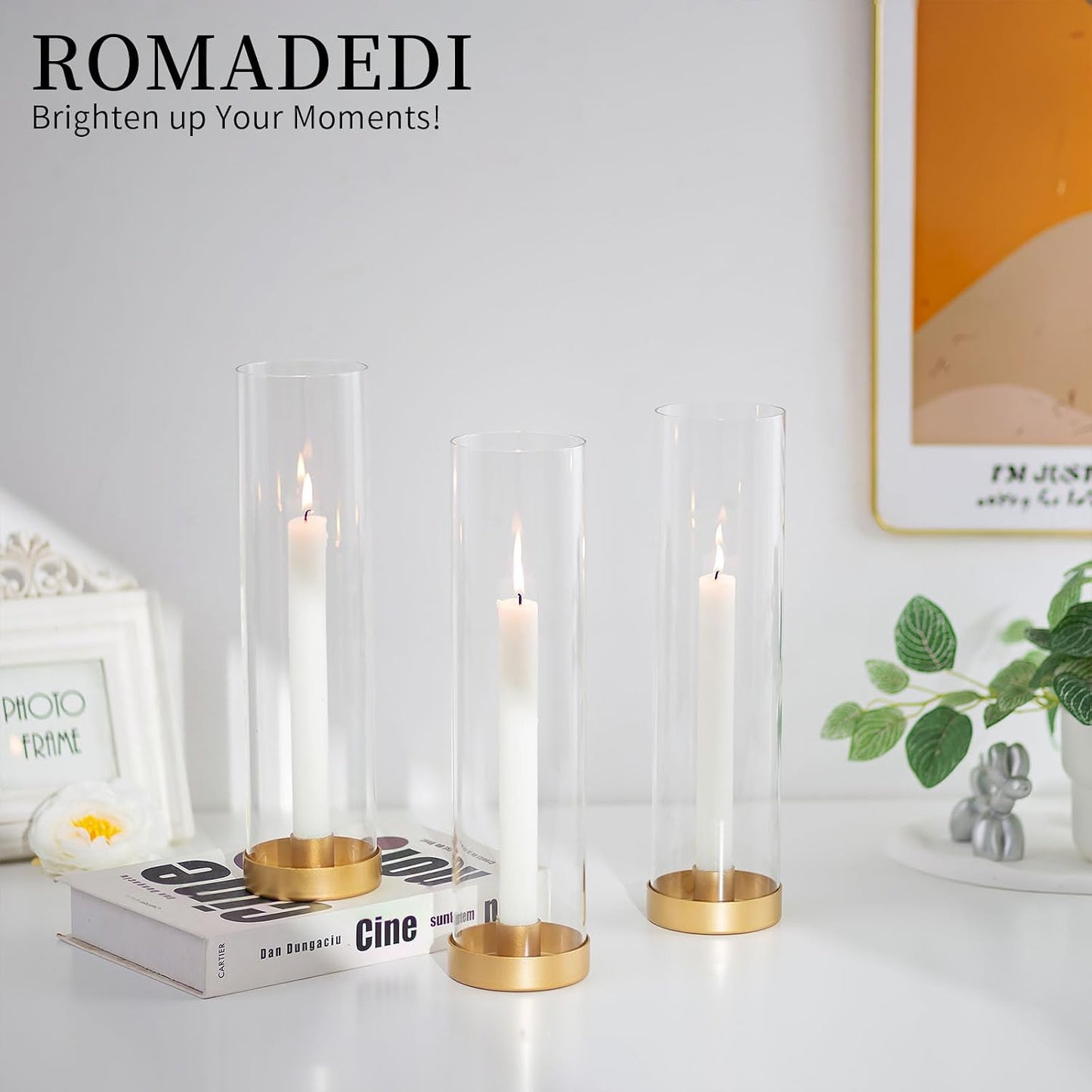 Romadedi Hurricane Candle Holders, 12" Tall, Pack of 12, Gold | Gold Base with Clear Glass Hurricane. Windproof and