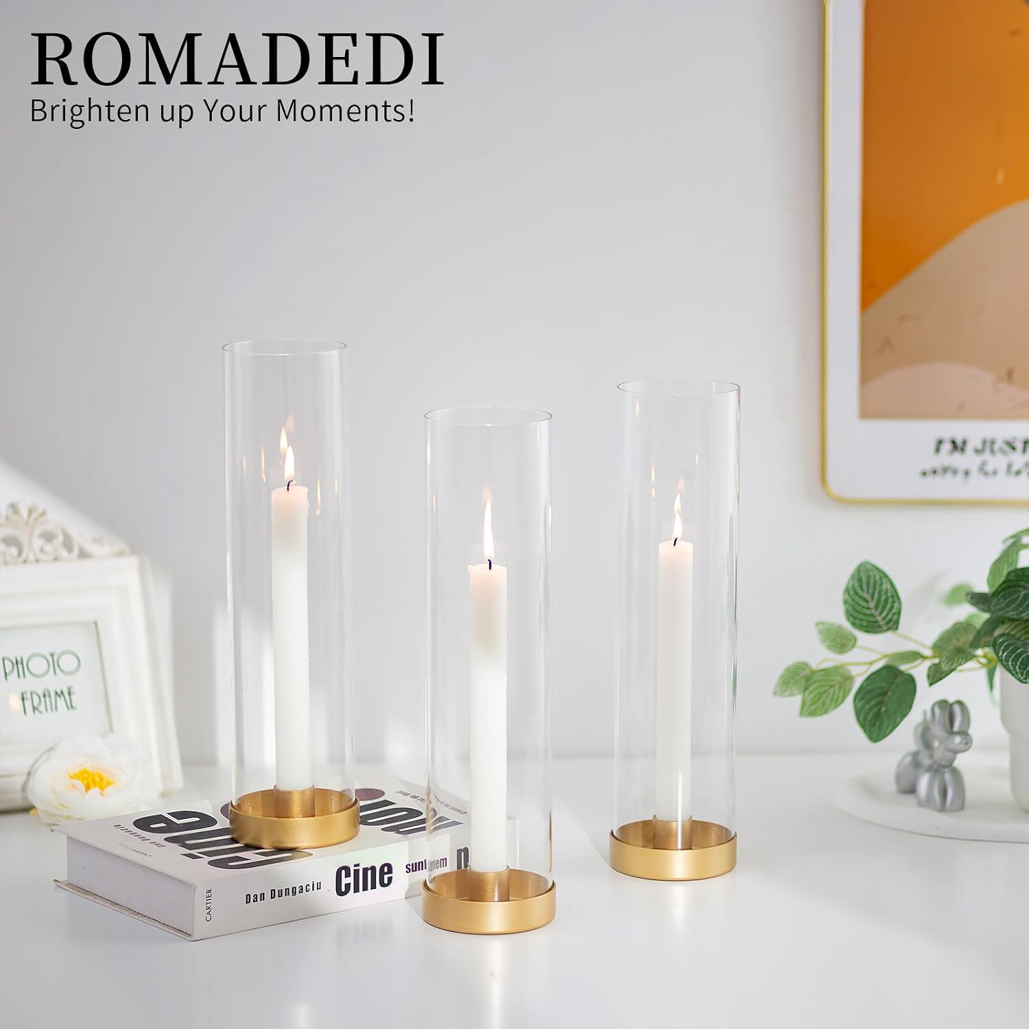 Romadedi Hurricane Candle Holders, 12" Tall, Pack of 12, Gold | Gold Base with Clear Glass Hurricane. Windproof and