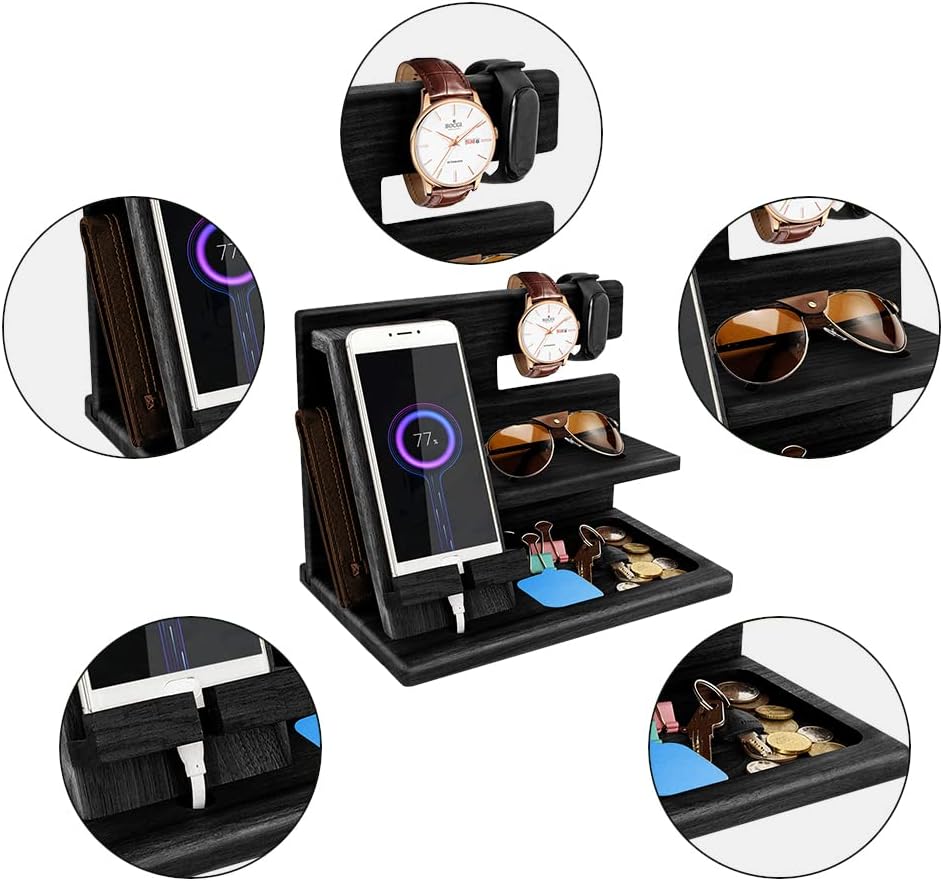 Gifts for Men Bedside Organiser Wood Phone Docking Station Dad Birthday Gifts for Him Nightstand Key Wallet Watch Stand