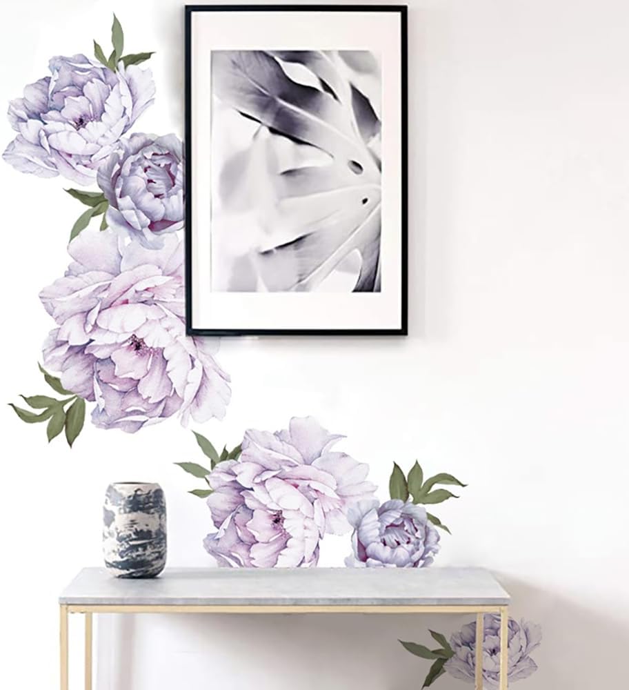 Flowers Wall Decals Backdrop Boho Peony Floral Wall Art Stickers for Girls Bedroom Living / Purple