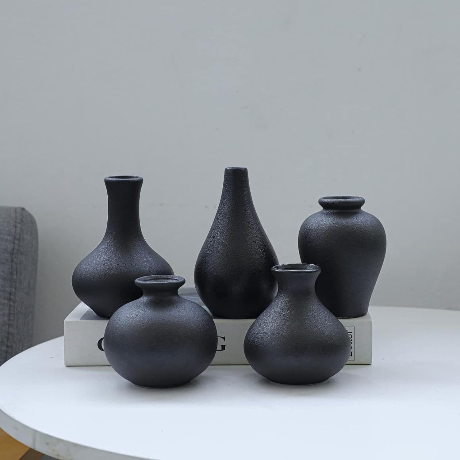 Ceramic Vase / Mini Decorative Vases for Rustic Weddings & Home Decor / Black / Set of 5