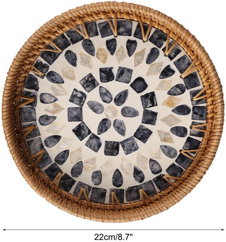 Round Rattan Tray / Mother of Pearl Inlay Aesthetic Wicker Jewelry Dishes for Snacks Fruits