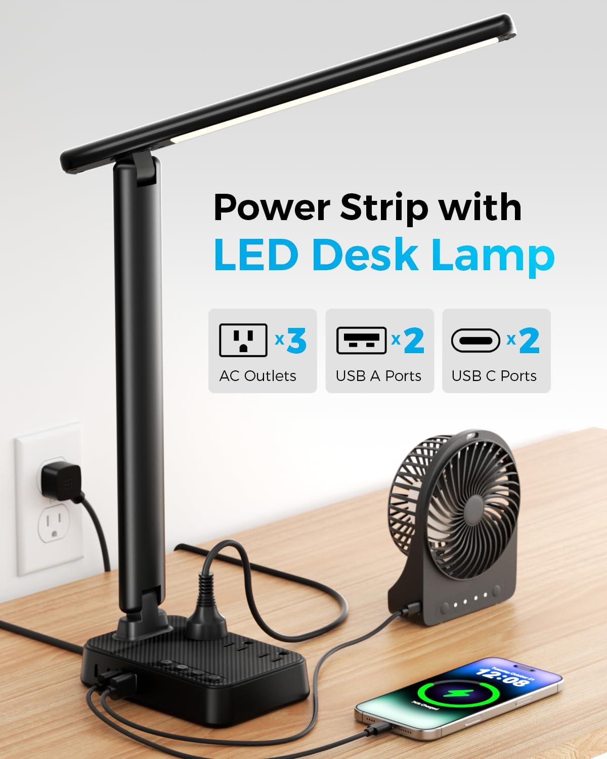 LED Desk Lamp with Power Strip, 3 AC Outlets, 4 USB Ports, Stepless Dimming | 2800K-6500K Color, 2 USB-C, Foldable