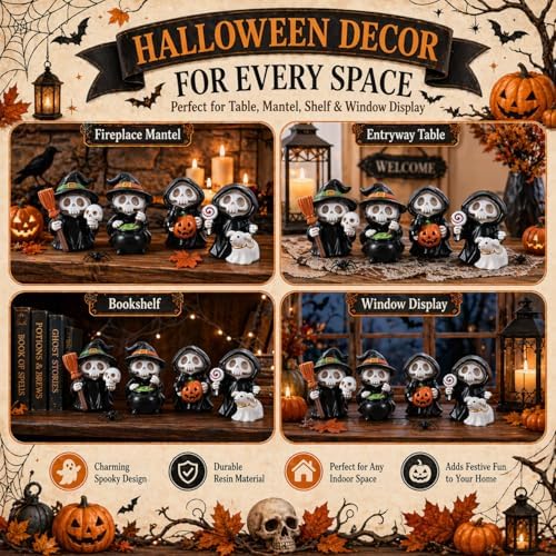 Halloween Figurines Set of 4 Halloween Decorations Indoor Table Decor Mini Skeleton Figurines Witch Skull Resin Statues Shelf Mantel Tiered Tray Decor Cute Spooky