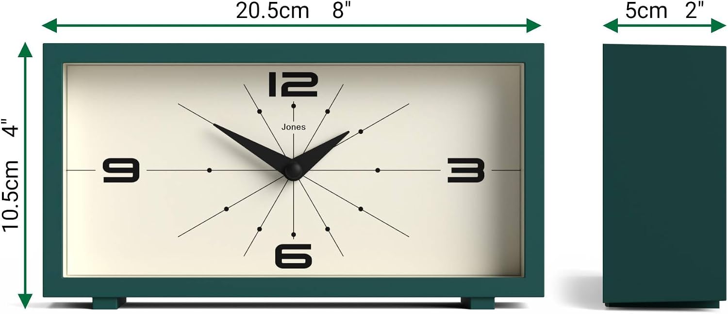 JONES CLOCKS® Odeon Desk Clock | Modern Rectangular Design | Dark Green | Stylish Retro Look for Shelf, Table, Mantel