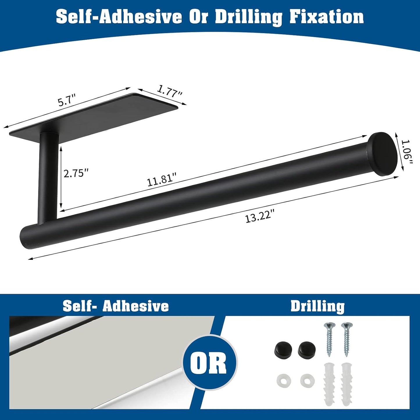 theaoo Under Cabinet Paper Towel Holder for Kitchen, Adhesive, 2 Pack Black | Self-Adhesive or Screw Mount for Cabinets