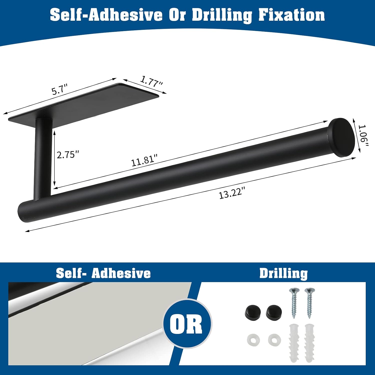 theaoo Under Cabinet Paper Towel Holder for Kitchen, Adhesive, 2 Pack Black | Self-Adhesive or Screw Mount for Cabinets