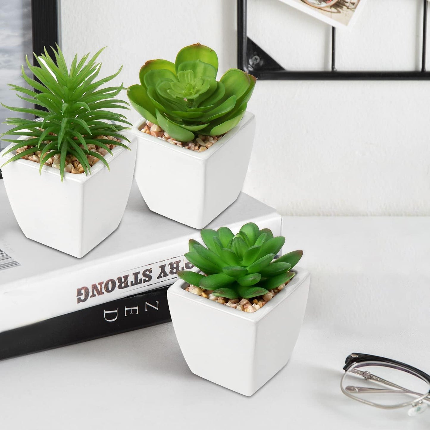 Succulents Plants Artificial Small Fake Succulents in Pots Faux Plastic / White Ceramic 1 / Set of 3