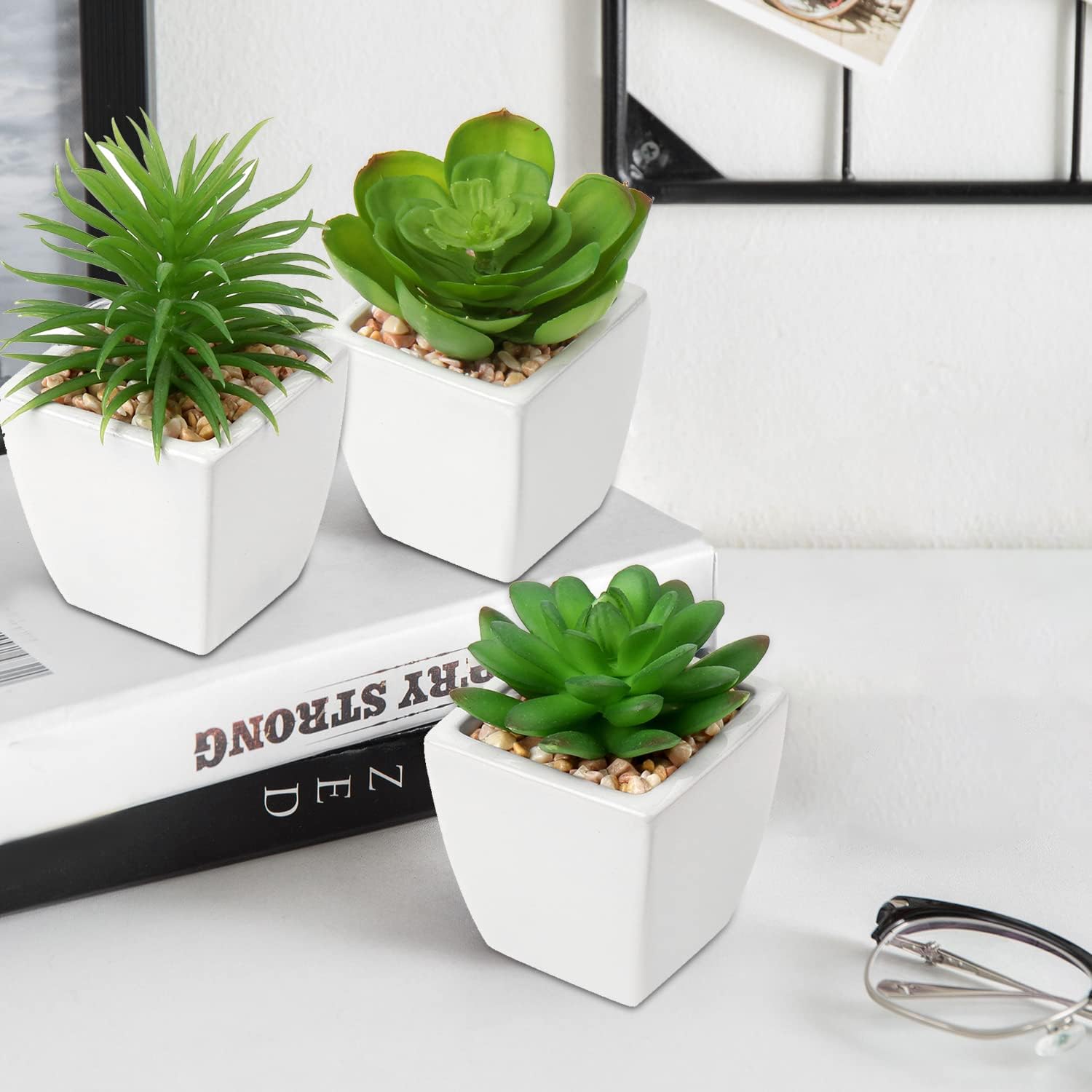 Succulents Plants Artificial Small Fake Succulents in Pots Faux Plastic / White Ceramic 1 / Set of 3