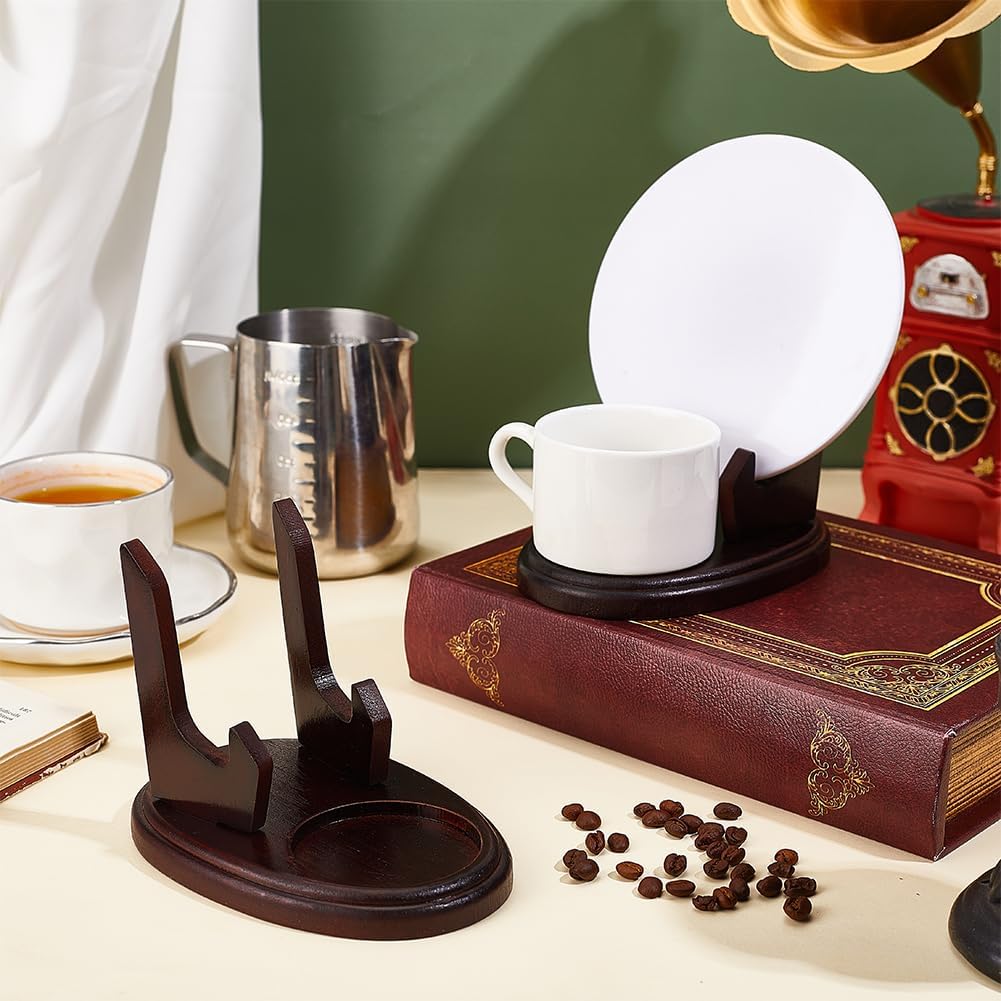 Wood Tea Cup and Saucer Display Stand / Brown / Set of 2