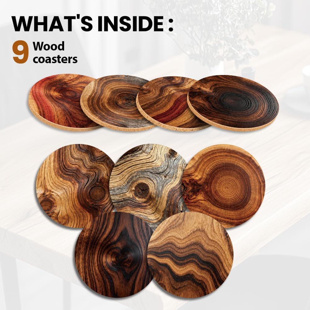 Coasters Colorful Wooden Coasters Bulk Round Housewarming Gift for New Home / Wood Grain / Set of 9