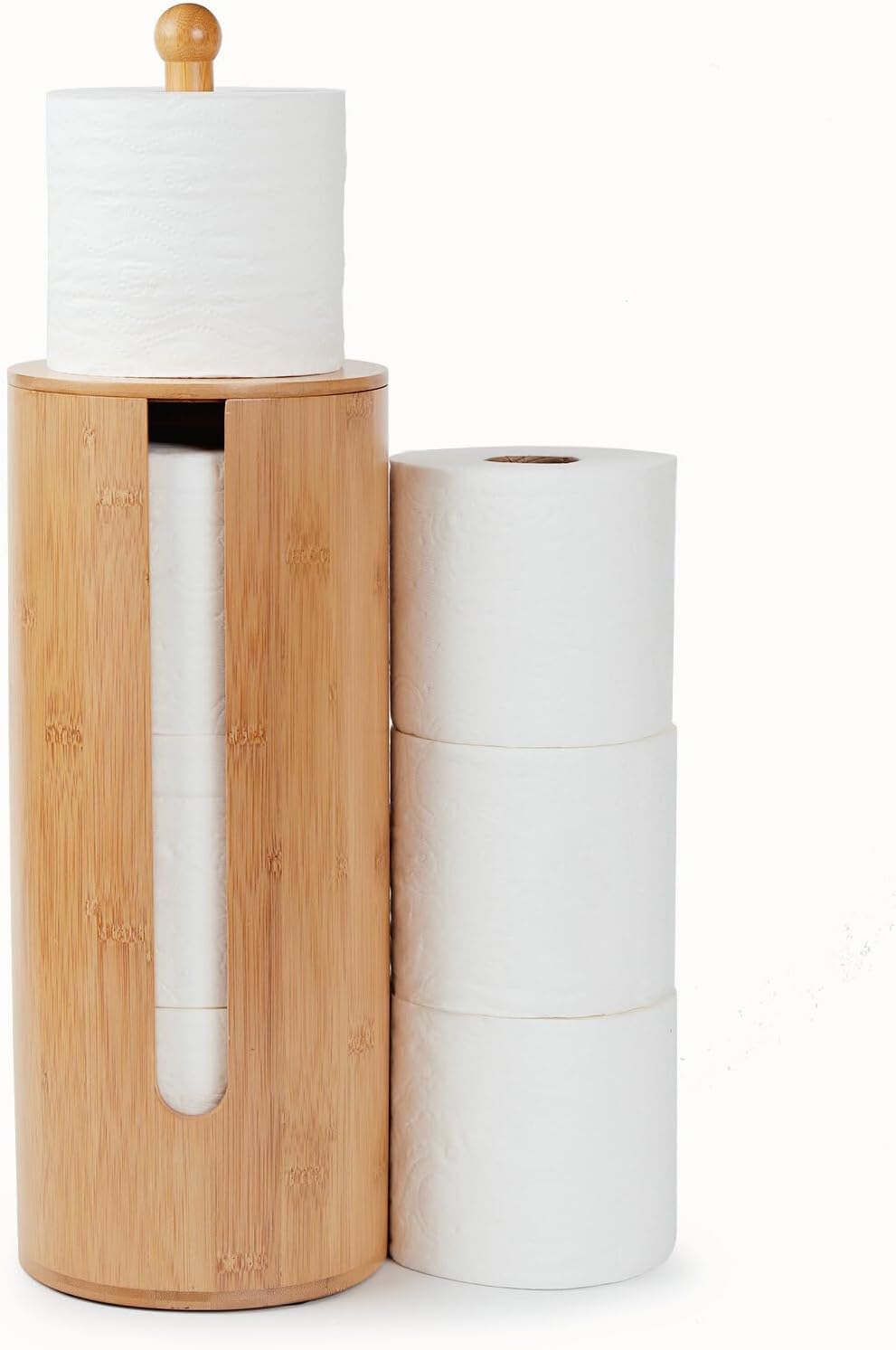 Gobam Bamboo Toilet Paper Storage with Dual-Use Lid, Freestanding Bathroom Tissue Organizer with Viewing Slot, Built-In