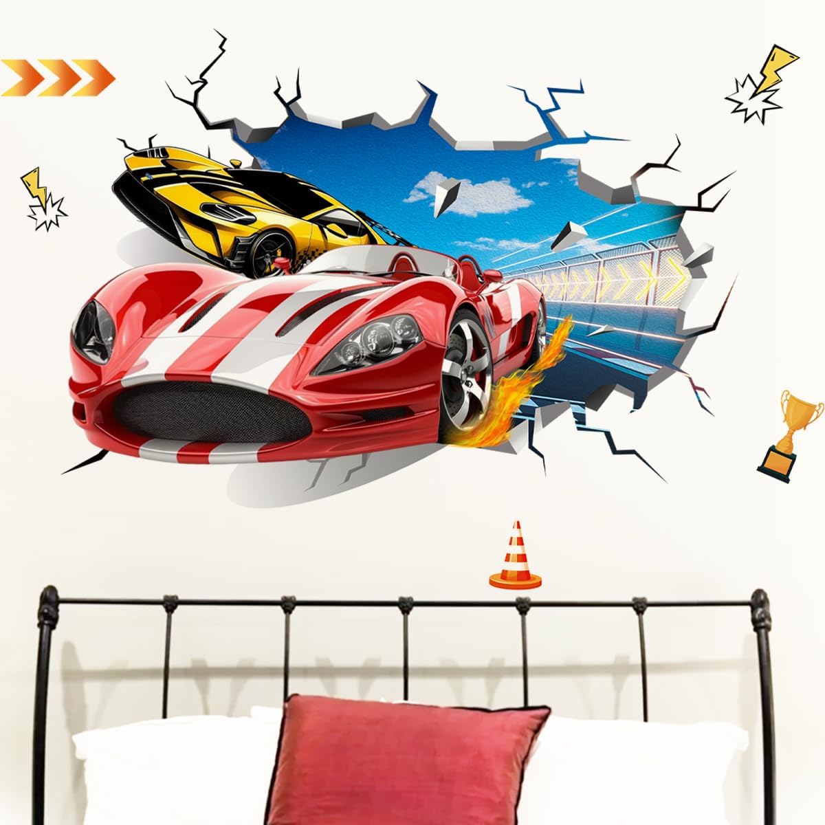 3D Racing Car Wall Decals Wheels Vehicles Car Wall Art Stickers for Boys Room Adults Kids Bedroom