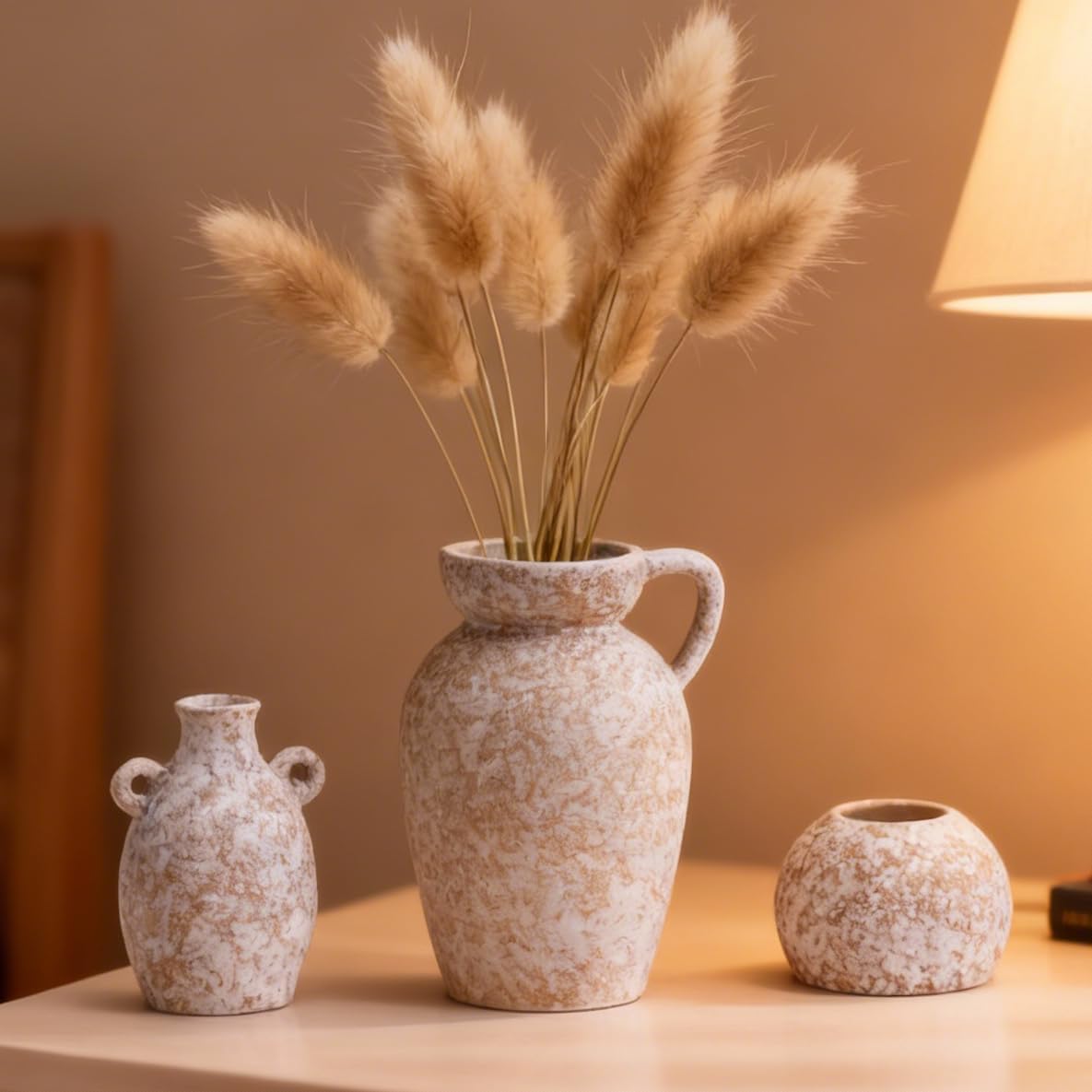 Ceramic Stone Modern Rustic Farmhouse Vase Centerpiece / 16 Khaki / Beige / Set of 3
