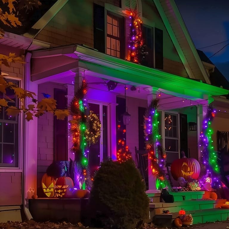 Dazzle Bright 200 LED Halloween Mini String Lights, 65 FT Connectable Waterproof 8 Modes Fairy Lights for Indoor Outdoor Patio Garden Holiday Party Decorations (Purple & Orange & Green)