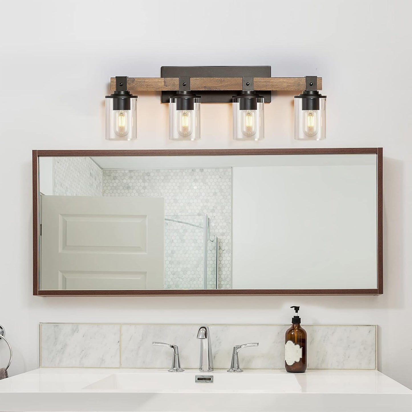 DUJAHMLAND Farmhouse Vanity Light Fixture, Industrial 4-Light Wood Wall Sconce Bathroom Vanity Lighting with Clear