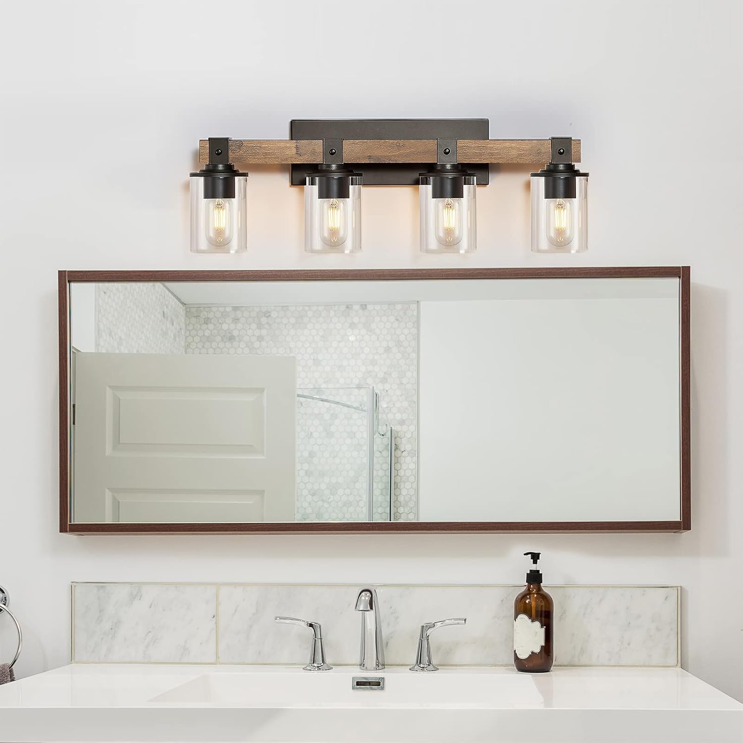 DUJAHMLAND Farmhouse Vanity Light Fixture, Industrial 4-Light Wood Wall Sconce Bathroom Vanity Lighting with Clear