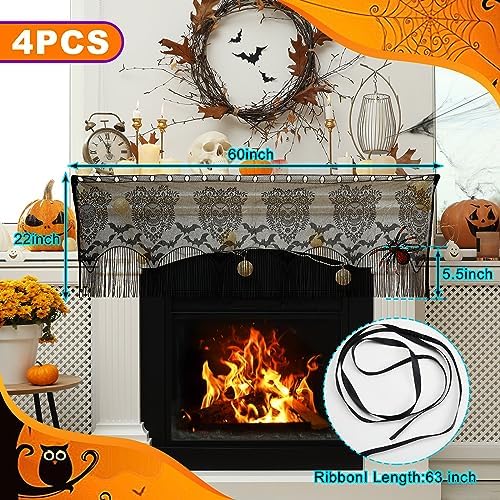 Baquler 4 Pcs Halloween Lamp Shade Cover, Black Lace Bat Skull Gothic Decor